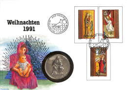 Liechtenstein 1991 Coin Letter, Christmas With Stamps+token, Postal History, Religion - Christmas - Briefe U. Dokumente