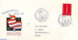 Netherlands 1955 Liberation 1v, FDC Open Flap, Typed Address, First Day Cover, History - World War II - Covers & Documents