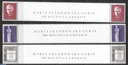 Poland 1967 M. Curie 3 V. Gutter Pairs, Mint NH, Various - Errors, Misprints, Plate Flaws - Ungebraucht