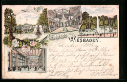 Vorläufer-Lithographie Wiesbaden, 1895, Kuhaus, Inneres Kusaal, Kochbrunnen  - Wiesbaden