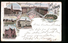 Lithographie Pritzwalk, Bank-Gebäude, Krankenhaus, Marktplatz Mit Rathaus Und Kirche  - Pritzwalk