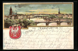 Lithographie Frankfurt A./M., Ortsansicht Mit Brücke, Wappen  - Frankfurt A. Main