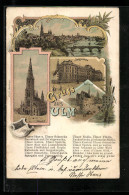 Lithographie Ulm, Rathaus, Justizgebäude, Ortsansicht  - Ulm