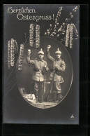 AK Soldaten Mit Pickelhaube Und Ostereiern, Ostergruss  - War 1914-18