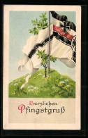 AK Fahne Und Baum Auf Einem Hügel, Pfingstgruss  - Weltkrieg 1914-18