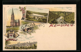 Lithographie Remscheid, Ortsansicht Mit Lutherkirche, Thalsperre Und Eisenbahnbrücke  - Remscheid