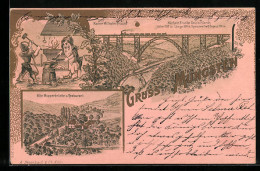 Lithographie Müngsten, Kaiser Wilhelm Brücke Und Alte Wupperbrücke Und Restaurant  - Other & Unclassified