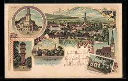 Lithographie Löbau, Rathaus Und Friedrich-August-Thurm  - Löbau