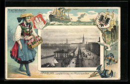 Passepartout-Lithographie Hamburg-Neustadt, Vierländerin In Nationaltracht, Jungfernstieg M. Alsterpavillon, Wappen  - Sonstige & Ohne Zuordnung