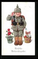 Künstler-AK P. O. Engelhard (P.O.E.) Unsign.: Kleiner Soldat Bringt Blumen, Geschenke Und Weihnachtsgrüsse  - Engelhard, P.O. (P.O.E.)