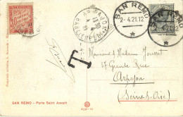 CARTE ETRANGERE TAXEE - 1 TIMBRE A 30 CENTIMES - SAN REMO (ITALIE) A ARPAJON (SEINE-ET-OISE) - 1859-1959 Covers & Documents