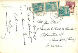 CARTE TAXEE - 3 TIMBRES A 2 FRANCS - MILAN (ITALIE) A MONTREUIL-SOUS-BOIS (SEINE) - 1859-1959 Lettres & Documents