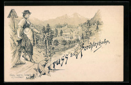 Lithographie Berchtesgaden, Panorama, Frau In Tracht Am Wegkreuz  - Berchtesgaden