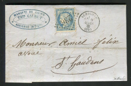 Belle Lettre D'Aurignac Pour St Gaudens ( 1872 ) Avec Un N° 60 - 1849-1876: Période Classique