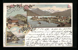 Lithographie Zell Am See, Gasthof Metzger, Villa Schmittenhöhe, Ortsansicht  - Andere & Zonder Classificatie