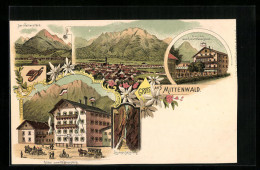 Lithographie Mittenwald, Totalansicht, Wetterstein, Hotel Zum Wetterstein  - Mittenwald