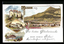 Lithographie Kitzbühel, Schloss Lebenberg, Schloss Kabspurg, Hohenegg, Totalansicht Mit Kitzbüheler Horn  - Autres & Non Classés