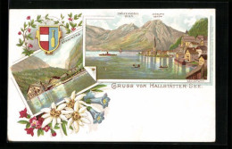 Lithographie Hallstatt, Gasthaus Gosau-Mühle, Ortsansicht Mit Zwölferkogel U. Hierlatz, Wappen  - Autres & Non Classés