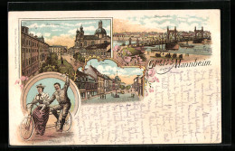 Lithographie Mannheim, Schillerplatz, Planken Strasse, Tandem, Stempel Private Stadtpost Mannheim  - Mannheim