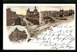 Lithographie Mannheim, Schillerplatz, Kaiserl. Postamt, Neckarbrücke  - Mannheim