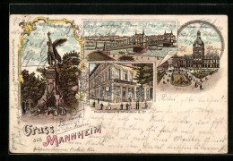 Lithographie Mannheim, Warenhaus S. Wronker & Co., Krieger Denkmal, Neckarbrücke, Paradeplatz M. Kaufhaus  - Mannheim