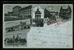 Lithographie Mannheim, Schillerplatz, Schloss, Wasserturm  - Mannheim