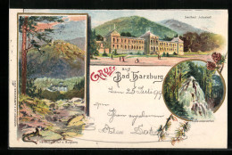 Lithographie Bad Harzburg, Harzburger Hof M. Burgberg, Radauwasserfall, Soolbad Juliushall  - Bad Harzburg