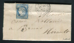 Rare Lettre De Paris Pour Pézenas ( 1875 ) Avec Un N° 60 - Etoile 34 Avenue Joséphine - 1849-1876: Klassieke Periode