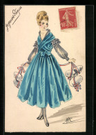 Künstler-AK Handgemalt: Dame In Blauem Kleid Und Rüschenärmeln  - 1900-1949