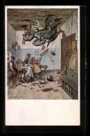 Künstler-AK Jessas, Der Teufel, Durch Die Decke Eingeschlagenes Flugzeug Erschreckt Familie Im Wohnzimmer  - Other & Unclassified