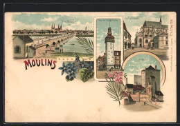 Lithographie Moulins, La Cathedrale, Tour Du Jacquenard, Vue Generale  - Moulins