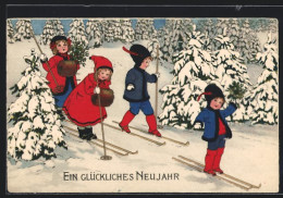 Künstler-AK Ski Laufende Kinder Im Verschneiten Tannenwald, Neujahrsgrüsse  - Sports D'hiver