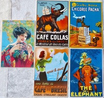 Lot De 5 CPM Publicitaires Café Du Brésil, Thé De L'Eléphant, Café Collas, Chicorée Pacha ... - Werbepostkarten