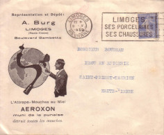 HAUTE VIENNE - LIMOGES - ENVELOPPE AVEC DECOR , PUBLICITE ATTRAPE MOUCHE AEROXON , A. BURG , FLAMME , 1933 - 1921-1960: Modern Period