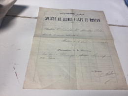 Académie D’Aix, Collège De Jeune Fille De Menton Bulletin Trimestriel, 1912 Observations De La Directrice - Diplômes & Bulletins Scolaires