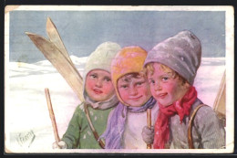 Künstler-AK Karl Feiertag: Drei Kinder Mit Skiern, Neujahr  - Feiertag, Karl