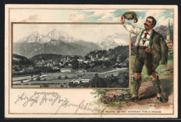 Passepartout-Lithographie Berchtesgaden, Ortsansicht Gegen Das Gebirge, Bayer In Tracht  - Other & Unclassified