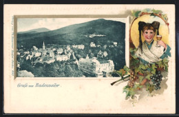 Passepartout-Lithographie Badenweiler, Panorama, Badenerin Mit Weinglas  - Autres & Non Classés