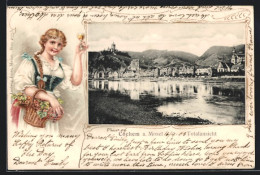 Passepartout-Lithographie Cochem A. Mosel, Panorama, Mädchen Mit Weinglas  - Other & Unclassified