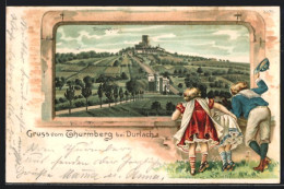 Passepartout-Lithographie Durlach, Panorama Vom Thurmberg, Kinder An Mauer  - Other & Unclassified
