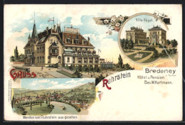 Lithographie Bredeney, Hotel Villa Hügel, Hotel Ruhrstein, Werden Vom Ruhrstein Aus  - Autres & Non Classés