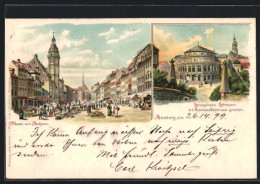 Lithographie Altenburg, Markt Mit Rathaus, Herzogliches Hoftheater Von Der Schlossauffahrt Aus Gesehen  - Theater