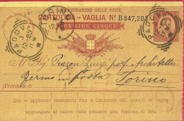 INTERO CARTOLINA-VAGLIA UMBERTO C.10 DA LIRE 5 (CAT. INT.6C)- ANNULLO TONDO RIQUADRATO "PADOVA*3.12.93* - Marcophilie