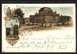 Lithographie Wiesbaden, Blick Auf Neues Theater Und Kaiser-Denkmal, Vorläufer 1895  - Theatre