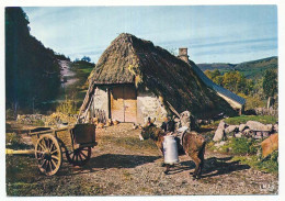 CPSM / CPM 10.5 X 15 En Auvergne Aveyron (?) Vieux Buron Au Toit De Chaume  âne Bidon De Lait Charette - Autres & Non Classés