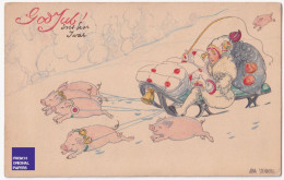 Aina Stenberg - CPA 1930 Christmas Postcard Vintage Traineau Cochon Attelage Art Déco Fille Hiver Pig Hitch Sled A74-92 - Sonstige & Ohne Zuordnung