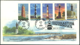 UNITED STATES 2003 LIGHTHOUSES STRIP OF 5 ON UNADDRESSED, CACHETED FIRST DAY COVER - Lighthouses