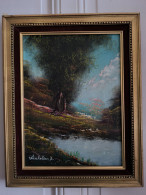 S.ARAKELIAN (XXeme) Huile Sur Toile "Paysage Lacustre" Cadre Bois Doré Et Velours N°2 - Oelbilder