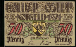 Notgeld Goldap /Ostpr. 1921, 50 Pfennig, Zerstörte Häuser In Der Töpferstrasse Nach Dem Russeneinfall 1914, Wappen  - [11] Emissions Locales