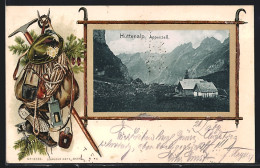 Lithographie Appenzell, Hüttenalp, Geprägtes Passepartout Mit Wanderausrüstung  - Appenzell